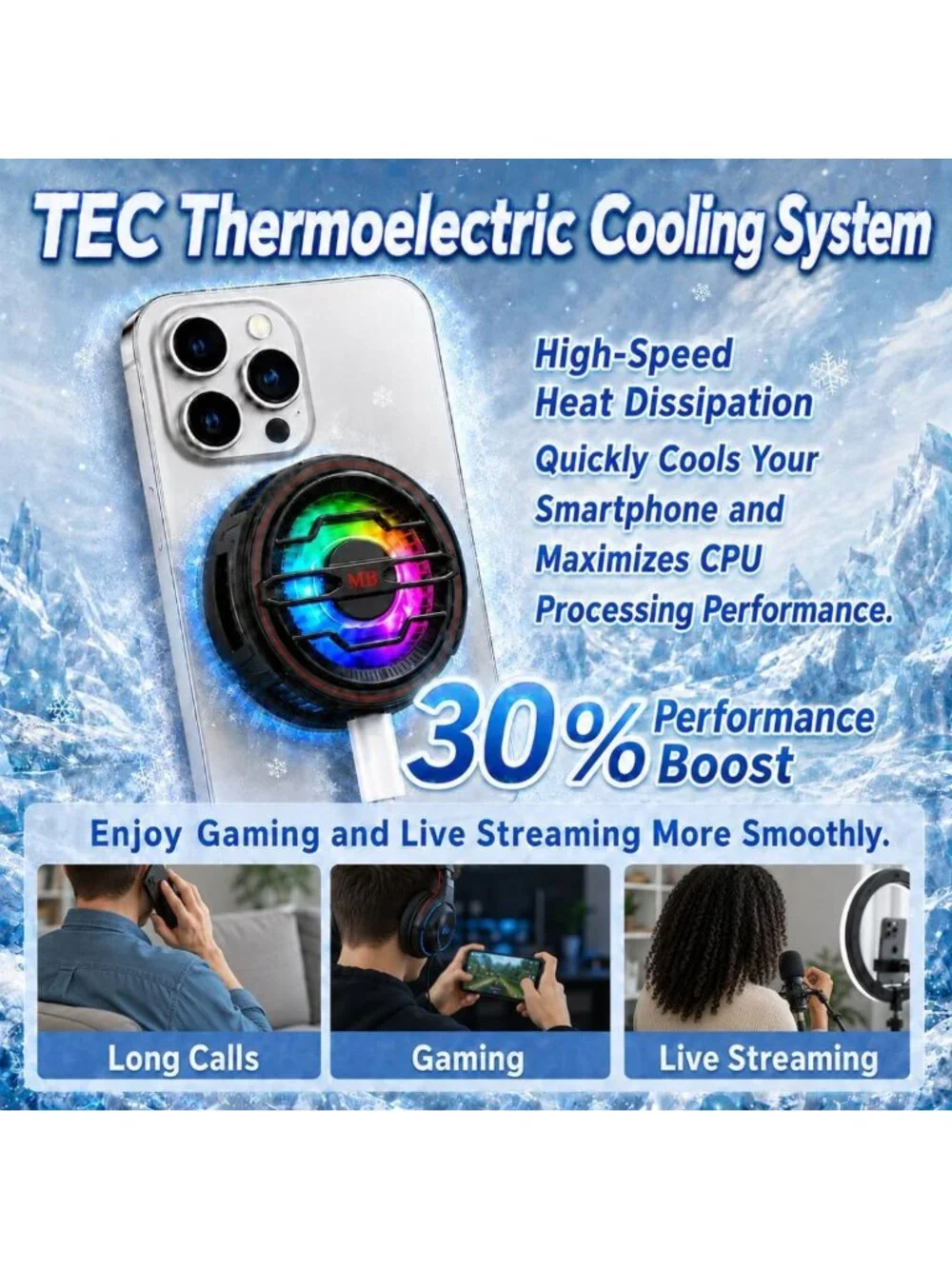 Magnetic Phone Cooler & 15W Fast Wireless Charger with RGB LED Light